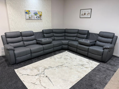 "Lando" Grey Leather 4C3 Recliner Corner Sofa Reversible | 2 x Drinks Tray Tables | Modular