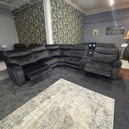 "Trek" 2c2c Grey Plush Fabric Power Recliner Corner Sofa With USB Charging Ports & Cinema Drinks Console