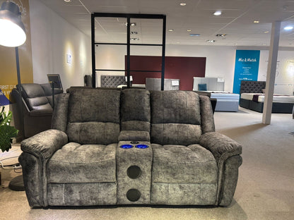 GALAXY tech Grey ELECTRIC Plush Velour Velvet 3 + 2 Seater With Drinks Console Reclining Sofa Set Plus USB Charging Ports and drinks coolers cup holders