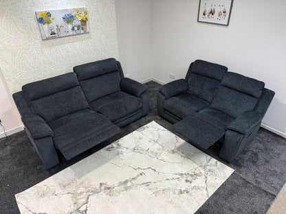 "Barre" Electric / Power Reclining Grey Fabric 3 + 2 Seater Sofa Set - USB Charging Ports