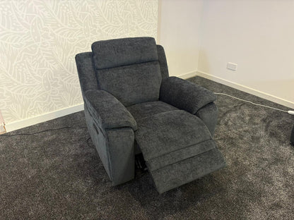"Barretta" Electric / Power Reclining Grey Fabric Sofa Set - USB Charging & Drinks Tray Table