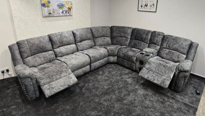 GALAXY Grey Plush Velvet Fabric Electric Reclining 3C2C Corner Sofa, Drinks Coolers & USB Ports