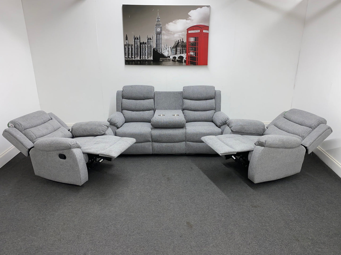 ‘Lewson’ Grey Fleck Fabric Recliner 3 + 1 + 1 Seater with Drinks Tray Table | Couch |