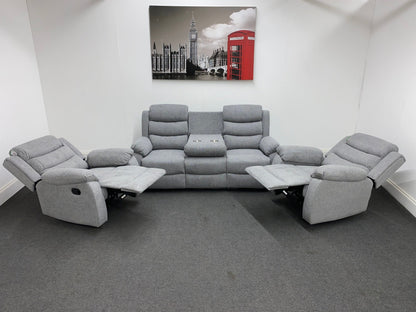 ‘Lewson’ Grey Fleck Fabric Recliner 3 + 1 + 1 Seater with Drinks Tray Table | Couch |