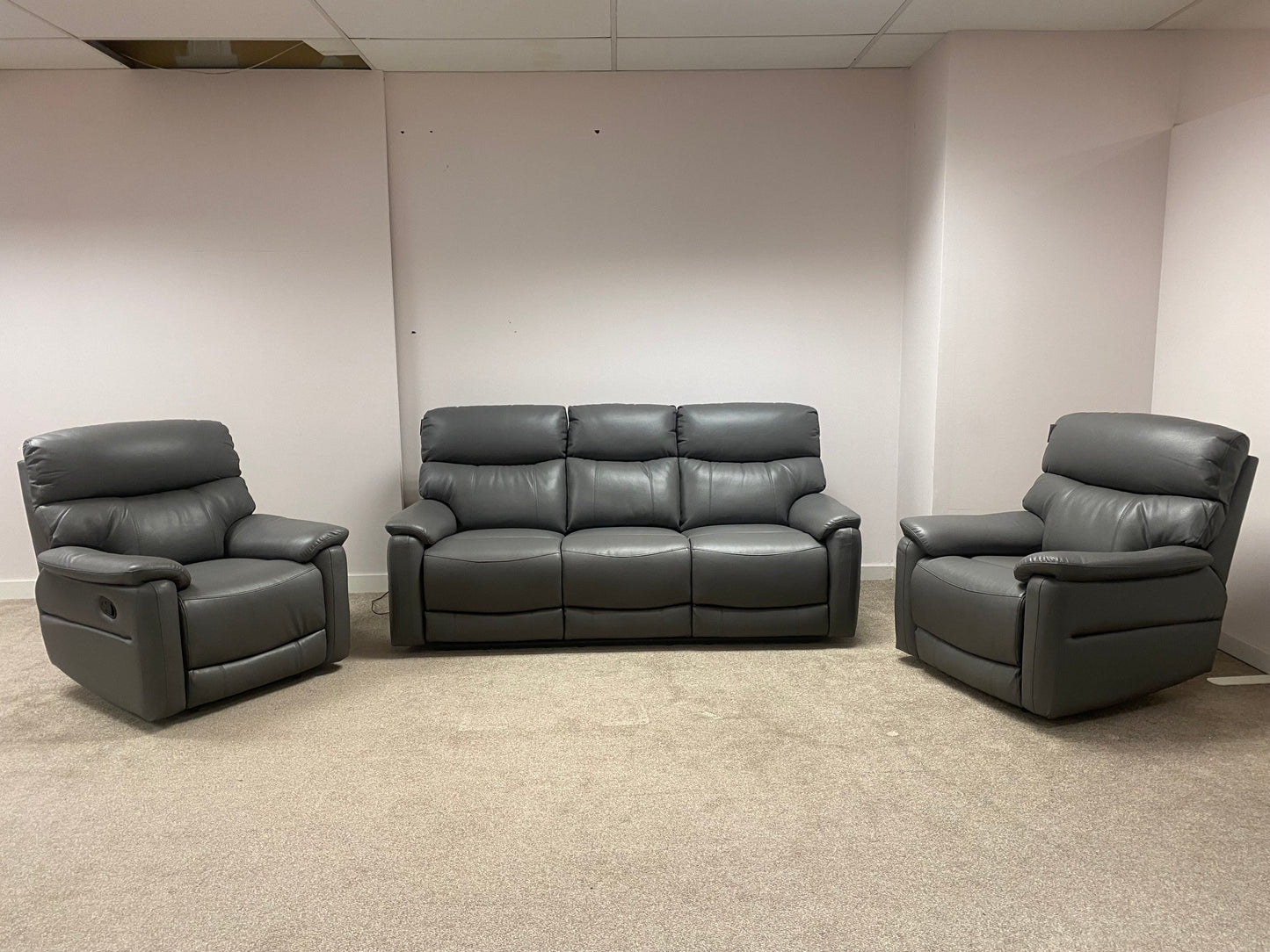 DFS MILANO Grey Leather Electric Reclining 3 + 1 + 1 Seater Sofa Suite Set + USB Ports & Drinks Tray Table | Couch |