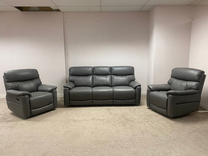 DFS MILANO Grey Leather Electric Reclining 3 + 1 + 1 Seater Sofa Suite Set + USB Ports & Drinks Tray Table | Couch |