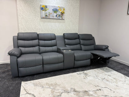 Lando Grey Leather 4 Seater Sofa With Drinks Console | Fold Down Tray Table, High Headrest & Seating Position Couch