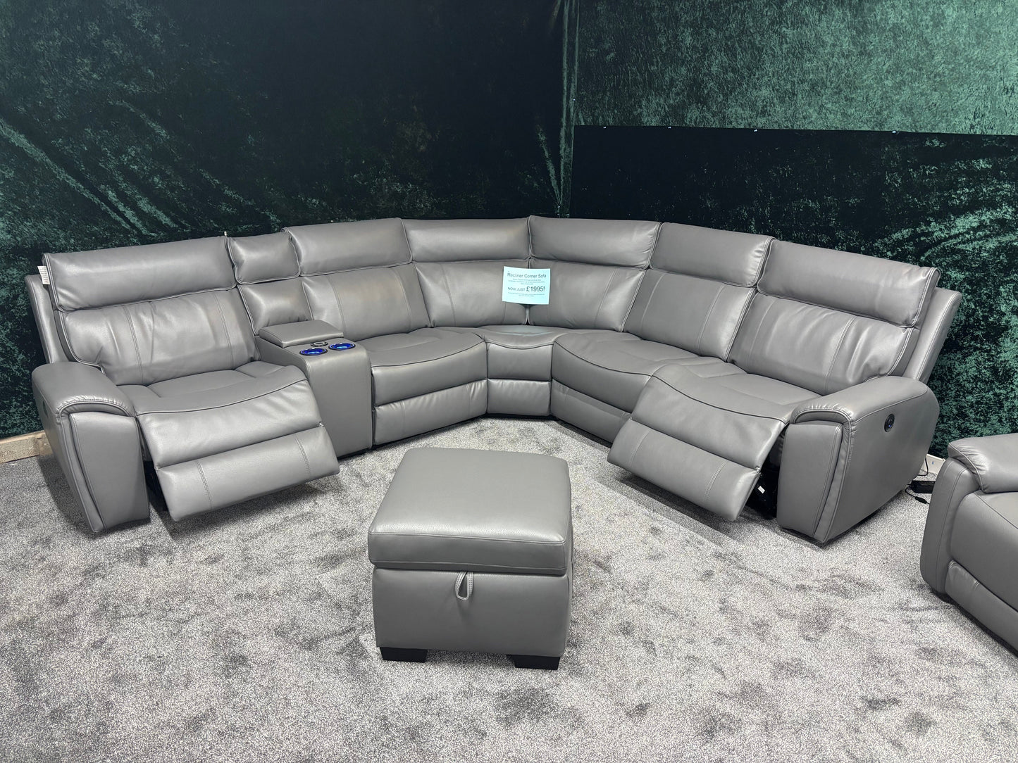 "Ronan" Grey Leather Electric Recliner Corner Sofa + Storage Footstool, Cupholders & USB Charging Ports (Reversible)