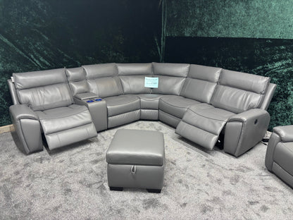 "Ronan" Grey Leather Electric Recliner Corner Sofa + Storage Footstool, Cupholders & USB Charging Ports (Reversible)