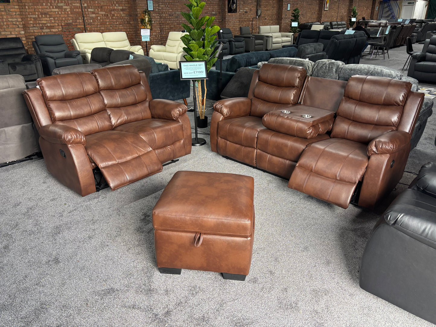 Lando Brown Leather 3 Seater + 2 Seater + Storage Footstool Reclining Sofa Set | Drinks Tray Table | High Backrests | 2 Stage Reclining | Couch |