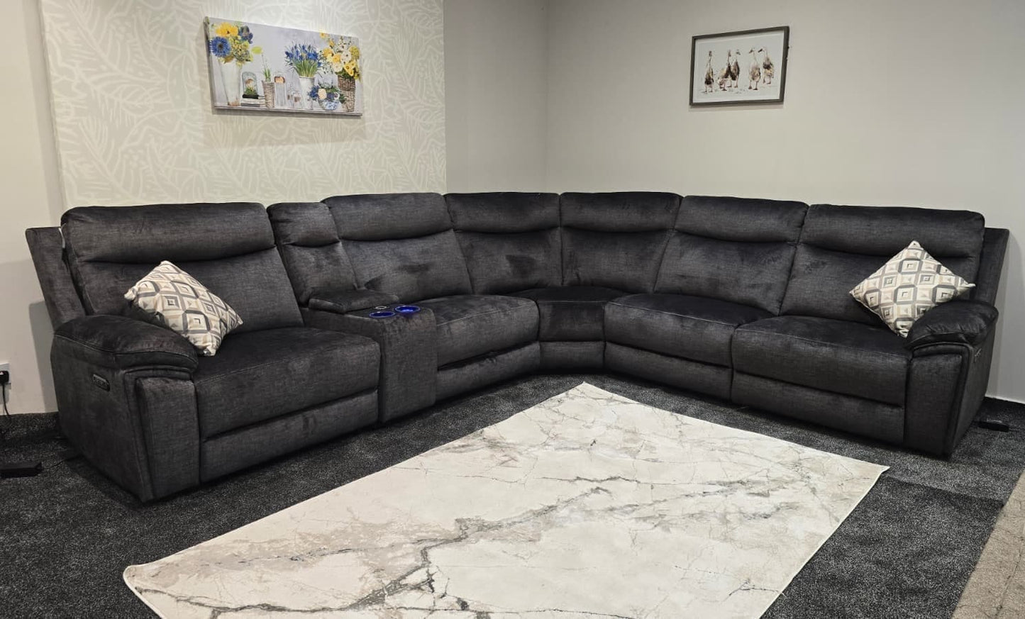 "Xavier" 2c2c Grey Plush Fabric Power Recliner Corner Sofa With USB Charging Ports & Cinema Drinks Console