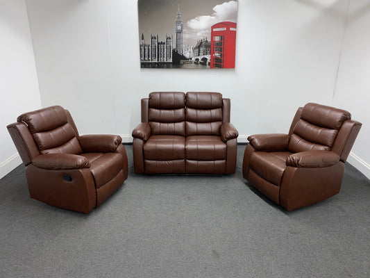 ' Lando ' Brown Leather Reclining 2 Seater + 2 Armchairs Sofa Suite Set