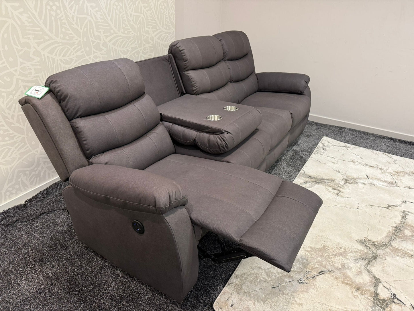 Willow Grey Easy Clean Fabric 4 Seater Sofa | Fold Down Tray Table, High Headrest & Seating Position Couch