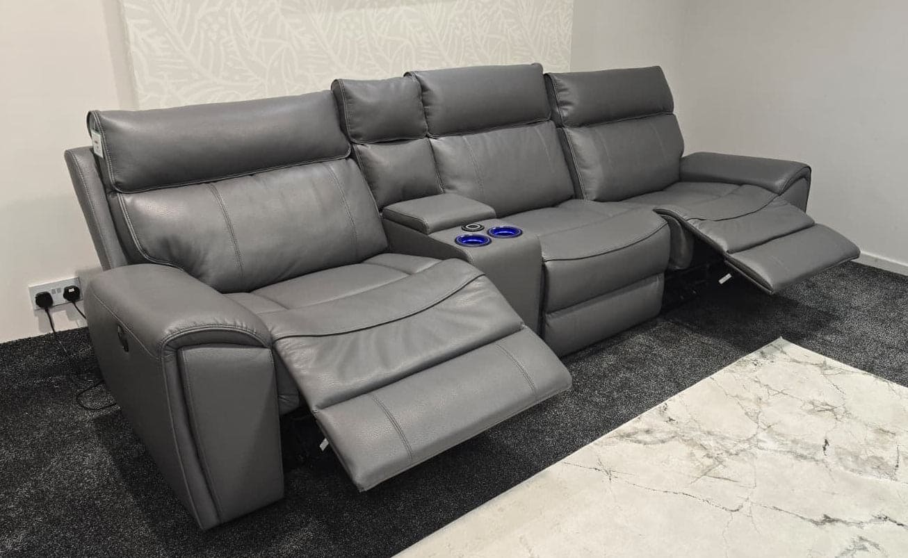 "Ronan" Reversible Cinema 5 Seater Sofa In Milano Grey Leather & With Electric Recliners, Drinks Coolers, Wireless Charging & Storage. Laf + Raf + Armless Tech Console