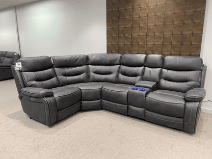 Cinema LHF Corner Sofa | Power Headrests | Drinks Coolers | Wireless Charging | Bluetooth Speakers | Express Smart Tech Grey Fabric Power Recliner Corner Sofa