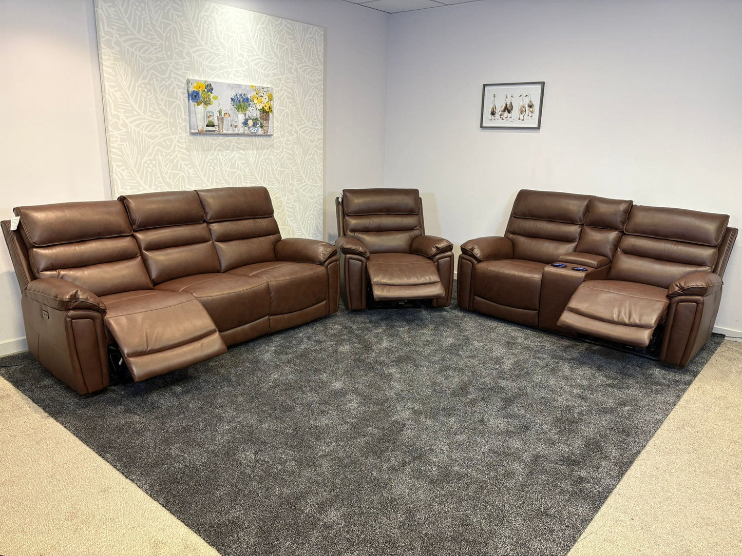 Donald Brown Leather Electric / Power Reclining Sofa Range Suite Set With USB Charging Ports & Drop Down Tray Table