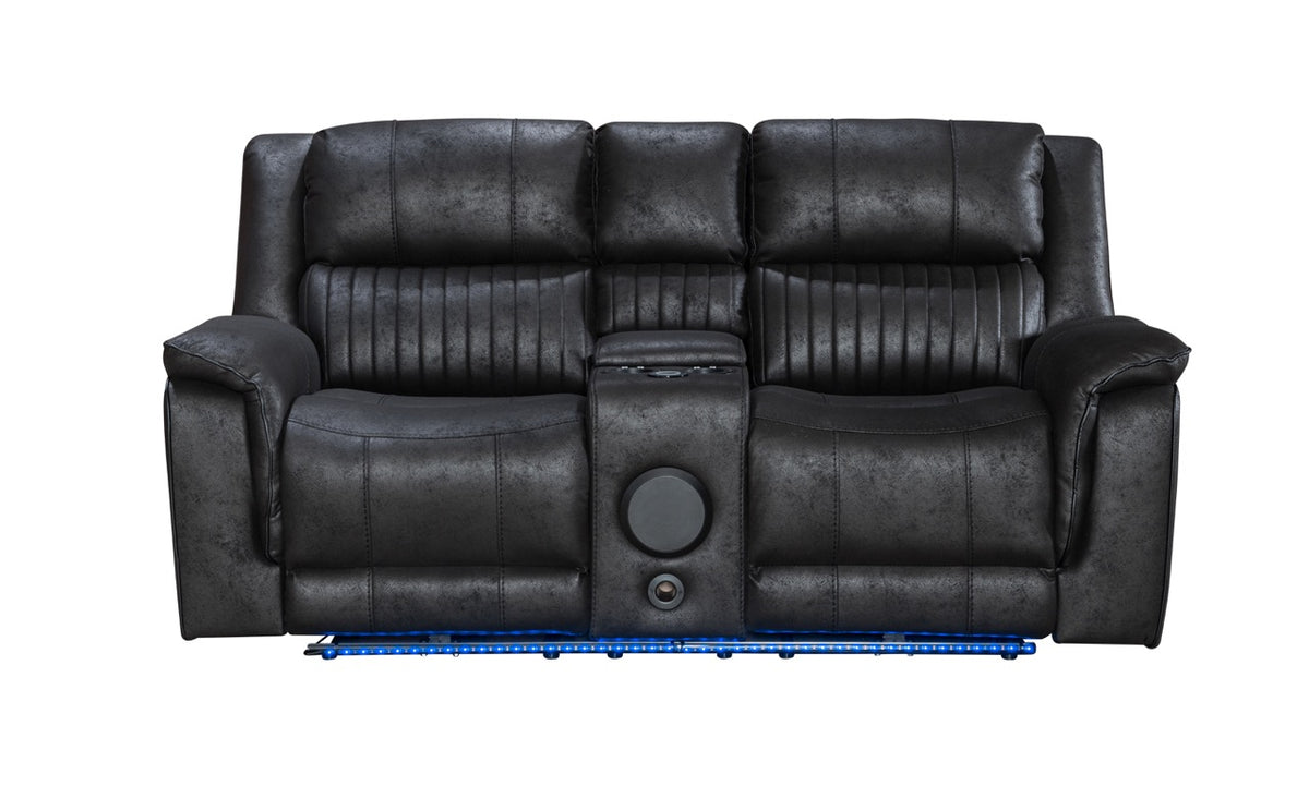 Pre Order Promo Deal! Geneva Charcoal Grey Easy Clean Suede Fabric 3 Seater + 2 Seater With Tech Console + Armchair Set
