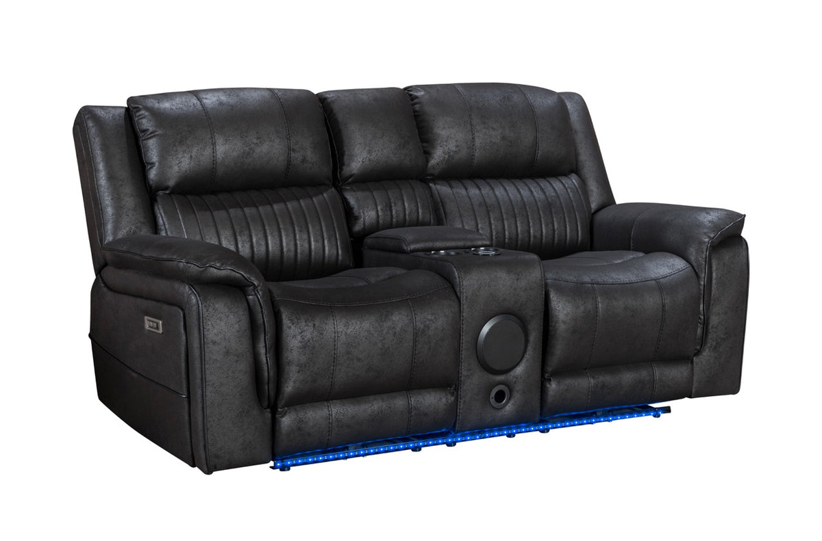 Pre Order Promo Deal! Geneva Charcoal Grey Easy Clean Suede Fabric 3 Seater + 2 Seater With Tech Console + Armchair Set