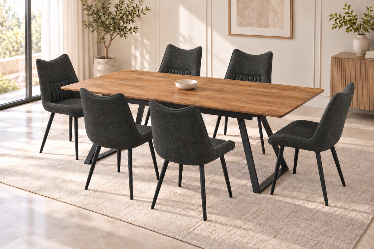 (Pre Order Deal, Arriving December 15th) "Shelton" 160cm-200cm Hardwood Extending Dining Table With Metal Black Legs With Celia Dining Chairs As A Set Of 4 Or 6 Chairs