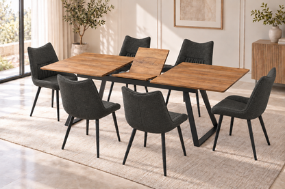 (Pre Order Deal, Arriving December 15th) "Shelton" 160cm-200cm Hardwood Extending Dining Table With Metal Black Legs With Celia Dining Chairs As A Set Of 4 Or 6 Chairs