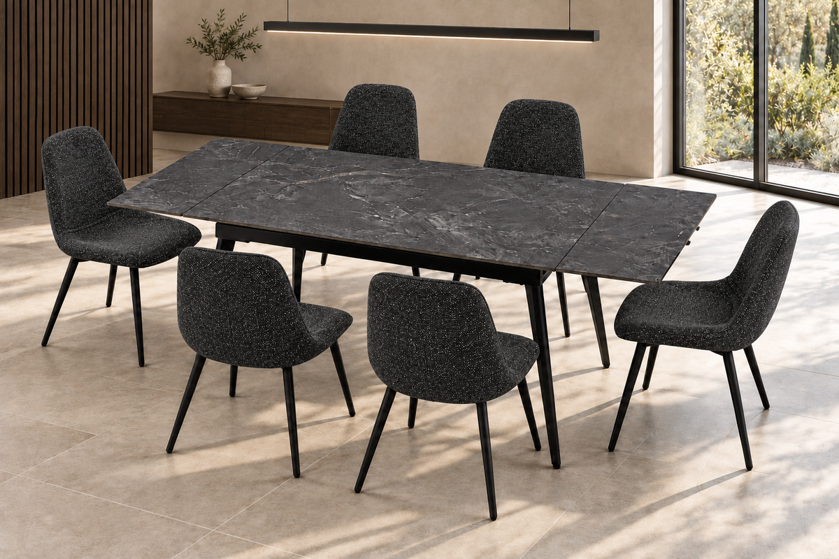 (Pre Order Deal, Arriving December 15th) "Regis" 120cm-180cm Ceramic Extending Dining Table & Grey Leather Yukon Charcoal Grey Fleck Fabric Dining Chairs Set