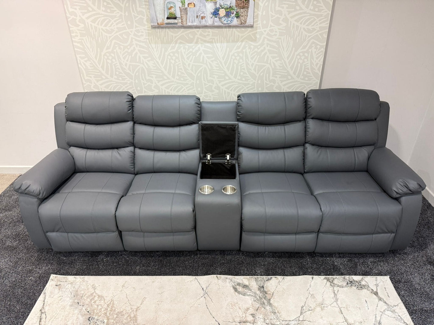 Lando Grey Leather 4 Seater Sofa With Drinks Console | Fold Down Tray Table, High Headrest & Seating Position Couch