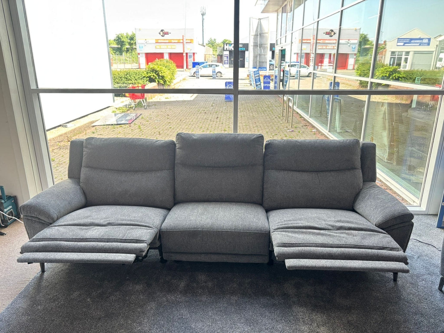 DFS STOWEN - Charcoal Grey Fabric Electric Reclining 5 Seater + Armchair Sofa Suite Set | USB Ports | Space Saving Recliner