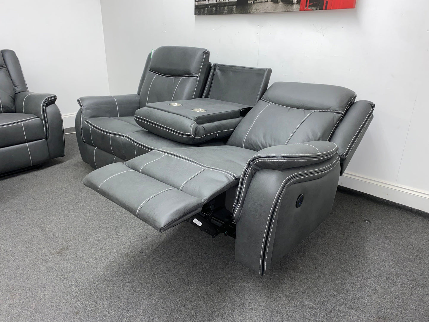 " Sloane Vision " Grey Water Resistant Microfibre Fabric 3 + 2 Seater Electric / Power Recliner Sofa Suite Set With USB Ports & Drop Down Tray Table | Couch |