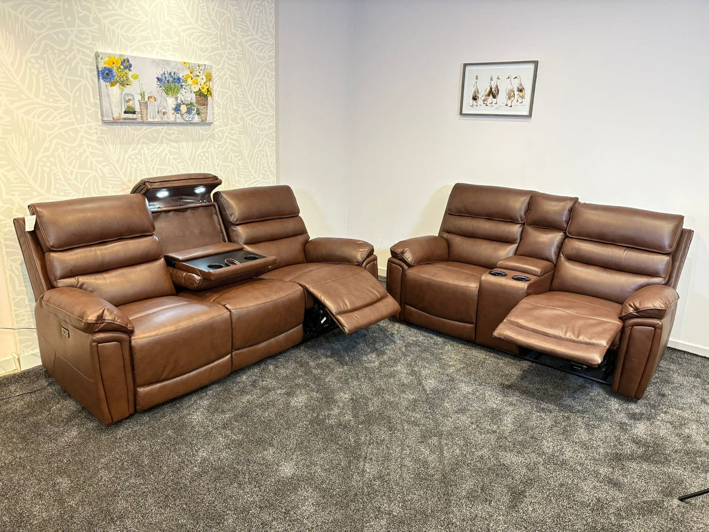 Donald Brown Leather Electric / Power Reclining Sofa Range Suite Set With USB Charging Ports & Drop Down Tray Table