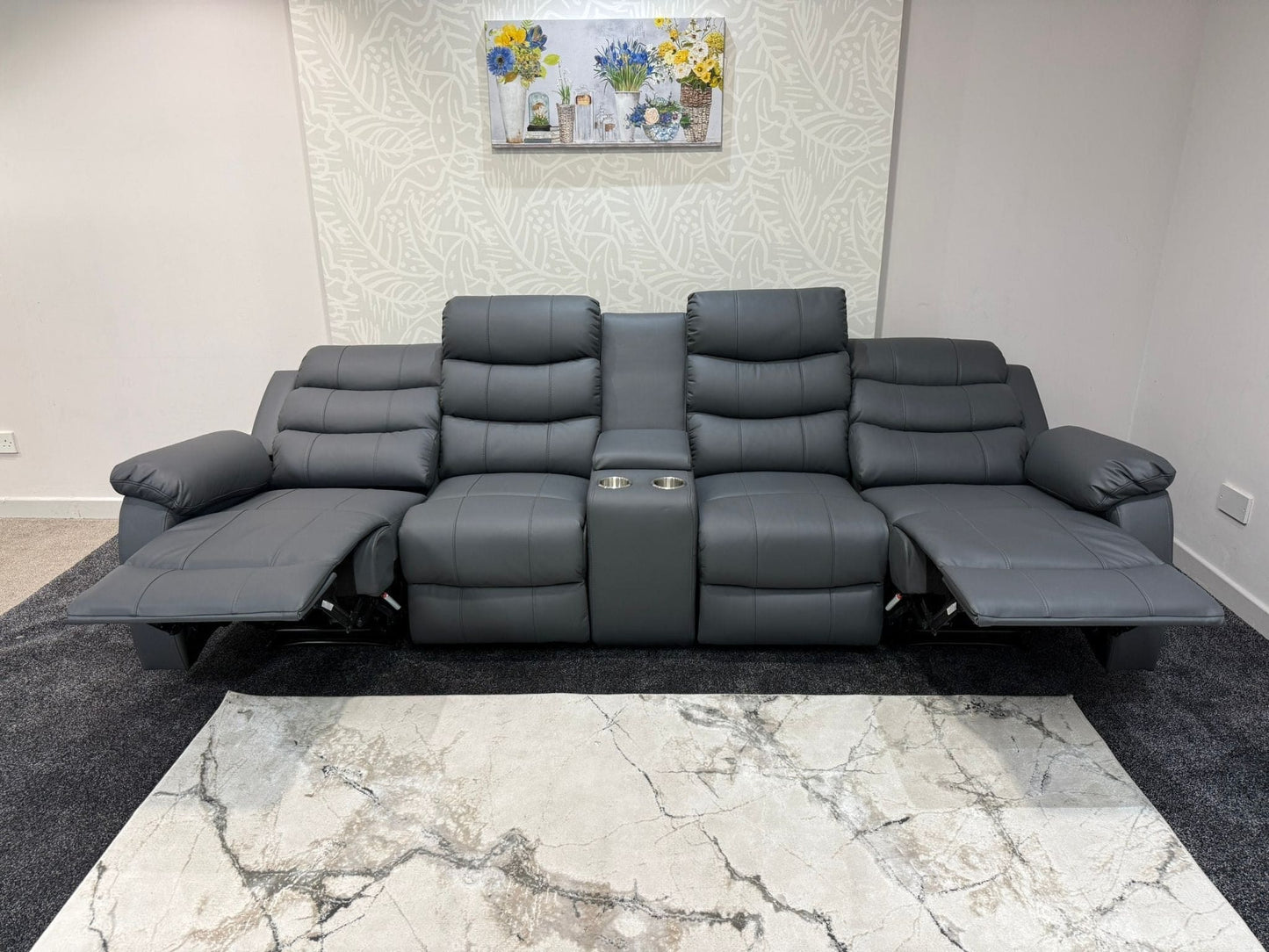 Lando Grey Leather 4 Seater Sofa With Drinks Console | Fold Down Tray Table, High Headrest & Seating Position Couch