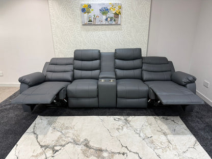 Lando Grey Leather 4 Seater Sofa With Drinks Console | Fold Down Tray Table, High Headrest & Seating Position Couch