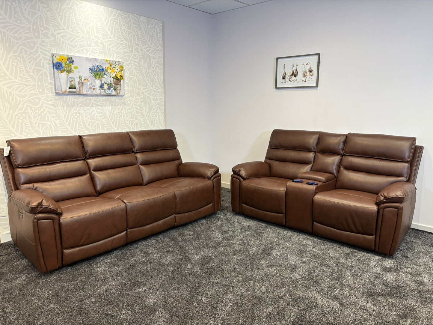 Donald Brown Leather Electric / Power Reclining Sofa Range Suite Set With USB Charging Ports & Drop Down Tray Table