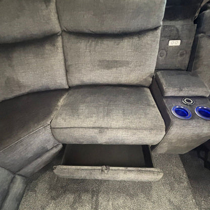 "Trek" 2c2c Grey Plush Fabric Power Recliner Corner Sofa With USB Charging Ports & Cinema Drinks Console