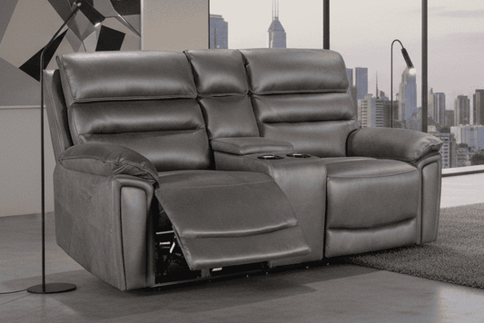 DFS Lawson Grey Easy Clean Fabric Electric Reclining 2 Seater Sofa With Drinks Console + USB Charging Ports & Drinks Coolers