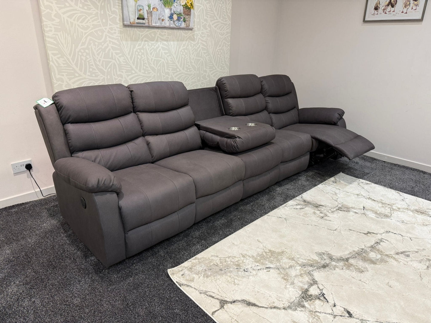 Willow Grey Easy Clean Fabric 5 Seater Sofa | 2 x Fold Down Tray Table, High Headrest & Seating Position Couch