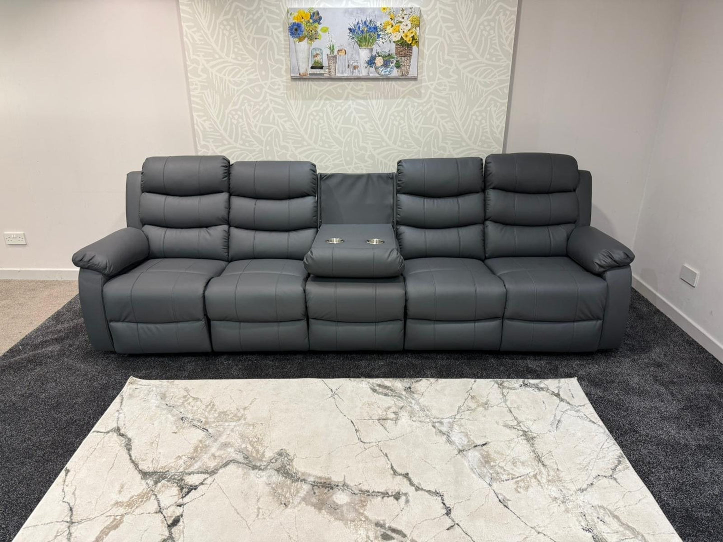 Lando Grey Leather 5 Seater Sofa | Fold Down Tray Table, High Headrest & Seating Position Couch