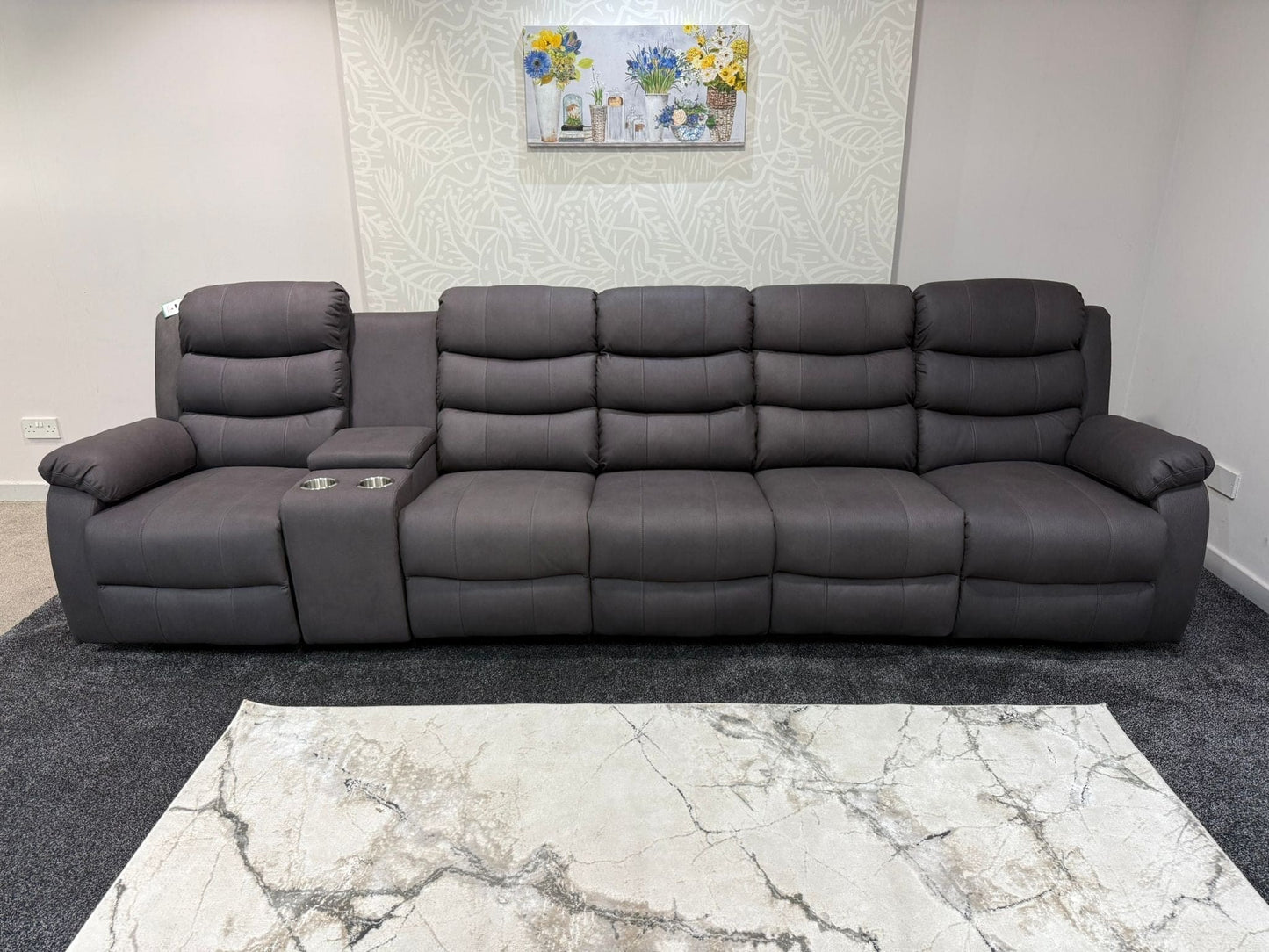 Willow Grey Easy Clean Fabric 5 Seater Sofa With Drinks Console | Fold Down Tray Table, High Headrest & Seating Position Couch
