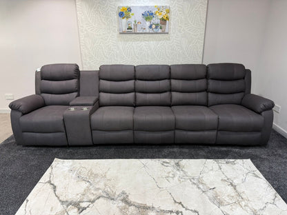 Willow Grey Easy Clean Fabric 5 Seater Sofa With Drinks Console | Fold Down Tray Table, High Headrest & Seating Position Couch