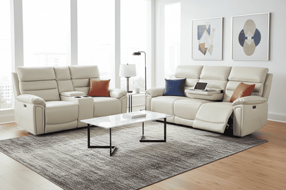 Donald Ivory Cream Leather Electric Reclining Sofa Range Suite Set With USB Charging Ports & Drop Down Tray Table