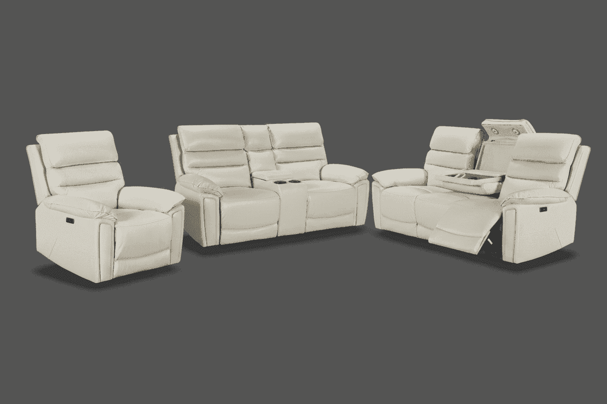 BUNDLE DEAL! DFS Lawson Ivory Cream Leather Electric Reclining 3 Seater + 2 Seater With Console + Armchair Sofa Set Suite With USB Charging Ports & Drop Down Tray Table