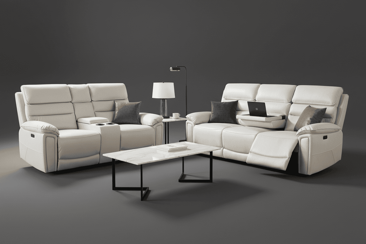 Bundle Deal! DFS Lawson Ivory Leather Electric Reclining 3 Seater + 2 Seater With Drinks Cooling Cupholders Sofa Set With USB Charging Ports & Drop Down Tray Table