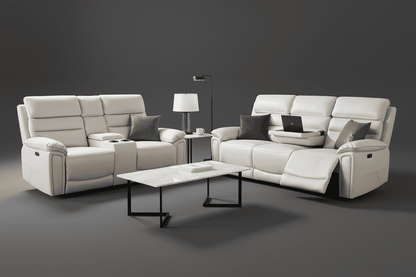 Bundle Deal! DFS Lawson Ivory Leather Electric Reclining 3 Seater + 2 Seater With Drinks Cooling Cupholders Sofa Set With USB Charging Ports & Drop Down Tray Table