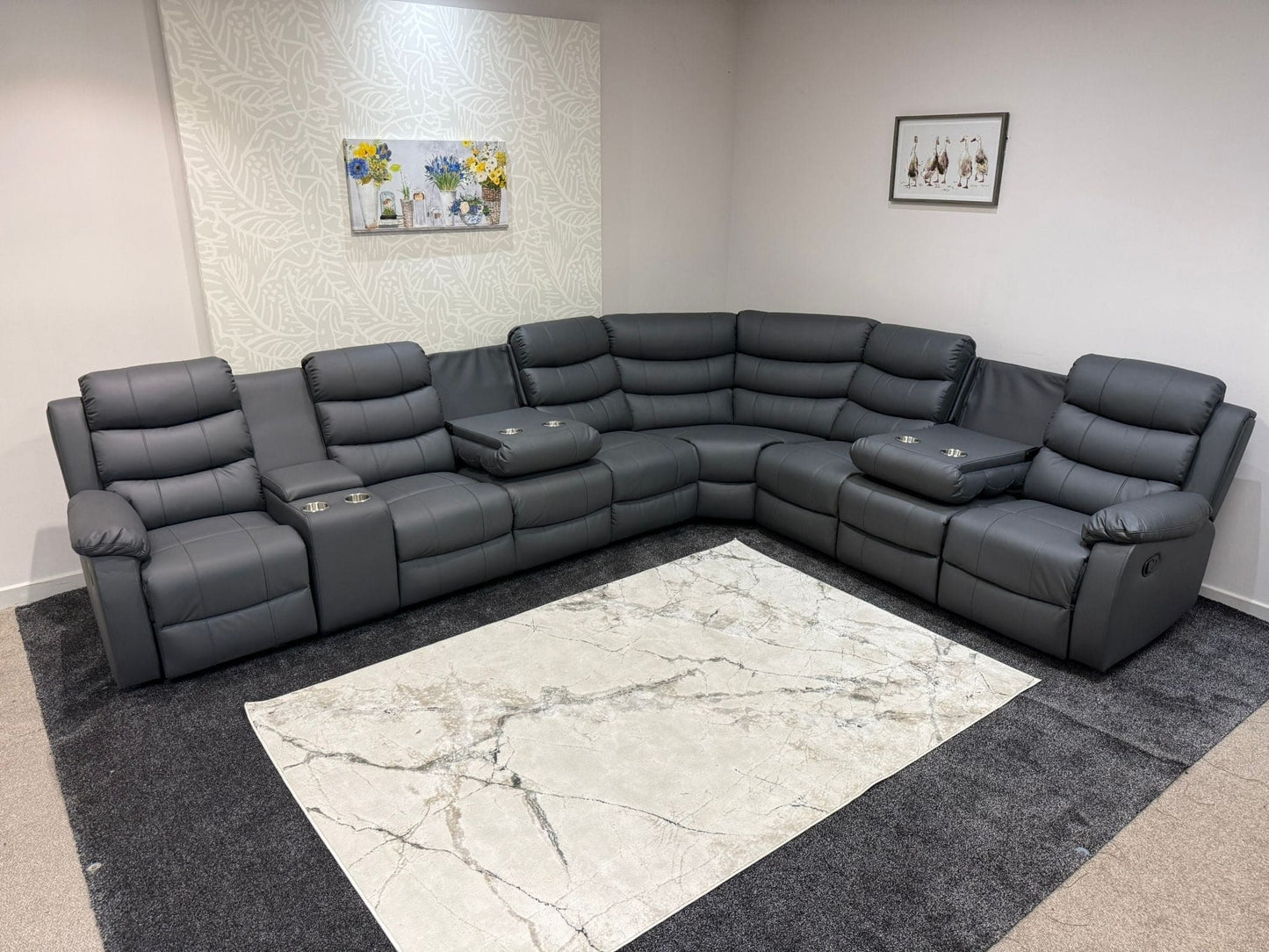 "Lando" Grey Leather 4C3C Recliner Corner Sofa Reversible | 2 x Drinks Tray Table | Modular