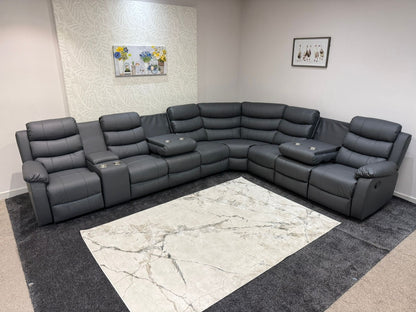 "Lando" Grey Leather 4C3C Recliner Corner Sofa Reversible | 2 x Drinks Tray Table | Modular