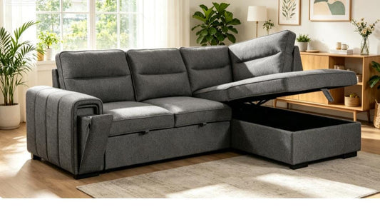 (Back in stock 15th August) 'Musk' Dark Grey Fabric Right Hand Facing Corner Sofa Bed With Storage & Drinks Holder