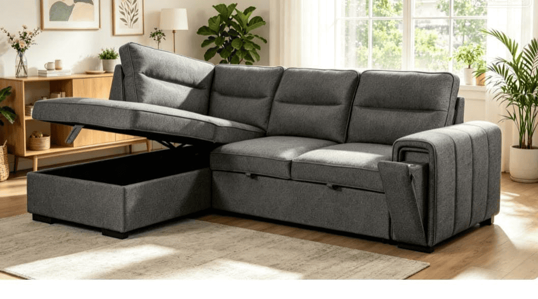 (Back in stock 15th August) 'Musk' Dark Grey Fabric Left Hand Facing Corner Sofa Bed With Storage & Drinks Holder
