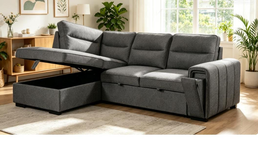 (Back in stock 15th August) 'Musk' Dark Grey Fabric Left Hand Facing Corner Sofa Bed With Storage & Drinks Holder