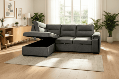 (Back in stock 15th August) 'Musk' Dark Grey Fabric Left Hand Facing Corner Sofa Bed With Storage & Drinks Holder