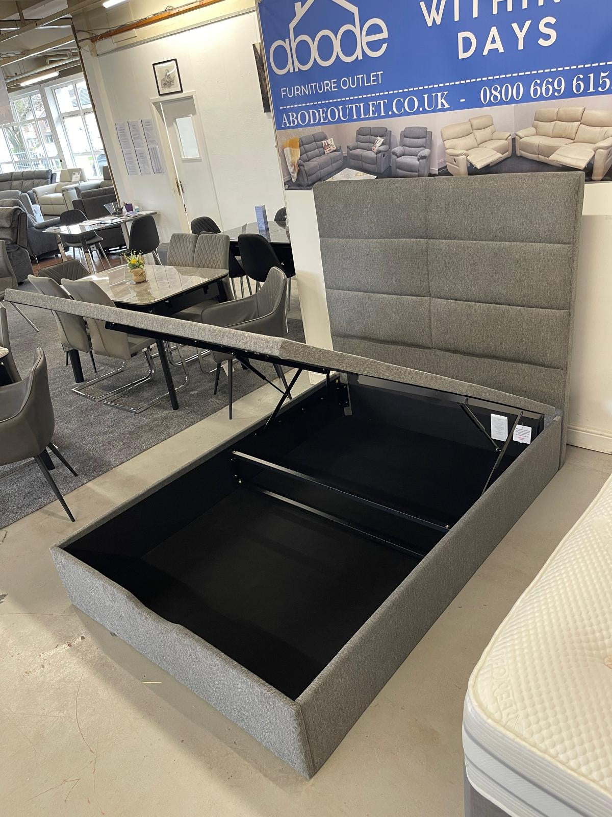 'Indulgence' Grey Fabric Ottoman Bed Frame & Firm Mattress Package - Available In 4'6ft Double or 5ft King