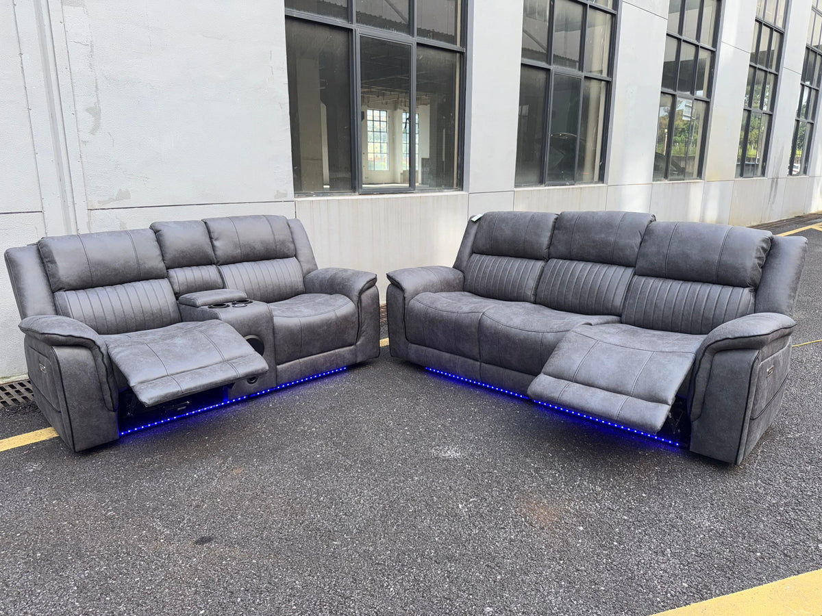(Pre Order Promo Deal!) Geneva Mid Grey Easy Clean Suede Fabric 3 Seater + 2 Seater With Tech Console + Armchair Set | Online Only